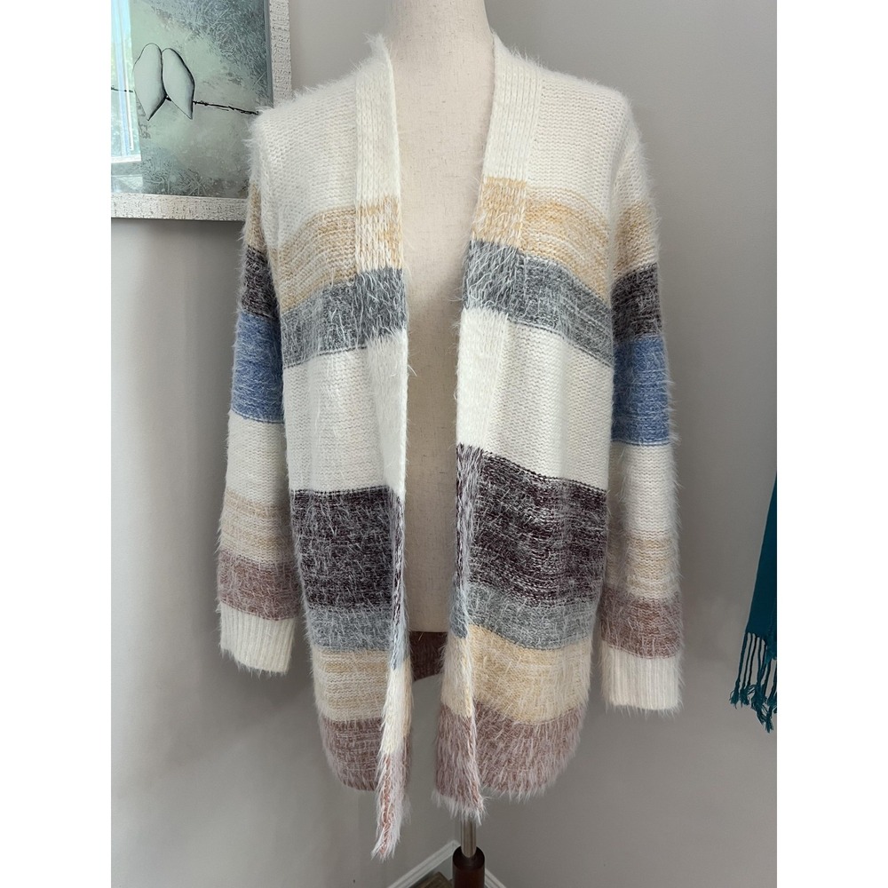 Evolution By Cyrus Cardigan Sweater Womens Large Multicolor Fuzzy Stripe Boho